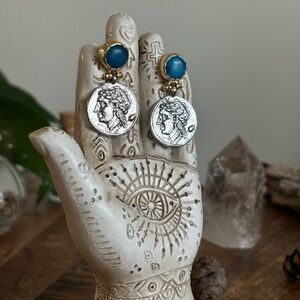 Vintage Coin Drop Earrings with Blue Natural Gem Stone